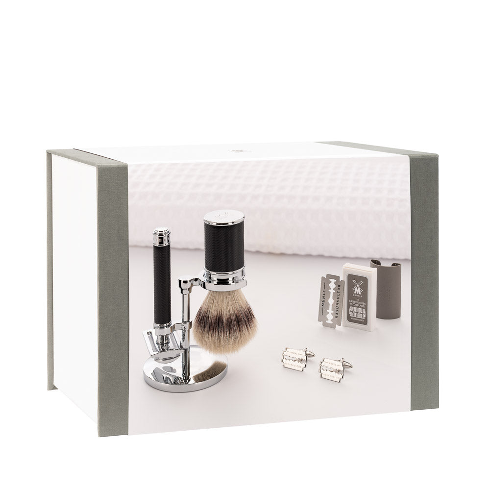 Mühle - Gjafasett - Traditional - Svart króm - Silvertip fiber